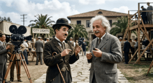 Uma fotografia colorida mostrando o encontro entre Charles Chaplin, caracterizado como o Vagabundo com seu bigode clássico, chapéu coco e bengala, e Albert Einstein, sorrindo com seu cabelo branco desgrenhado e segurando um cachimbo. Eles estão conversando em um estúdio de cinema ao ar livre na década de 1930, com câmeras antigas, figurantes e uma placa ao fundo que diz "City Lights" (Luzes da Cidade)