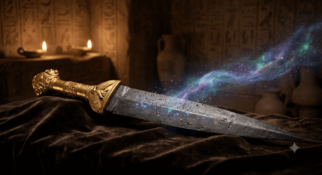Close-up de uma adaga egípcia antiga com cabo de ouro decorado e lâmina de ferro escuro sobre tecido de veludo. Uma trilha brilhante de galáxia e poeira cósmica emana sutilmente da lâmina, destacando sua origem meteorítica dentro de uma tumba iluminada por chamas.