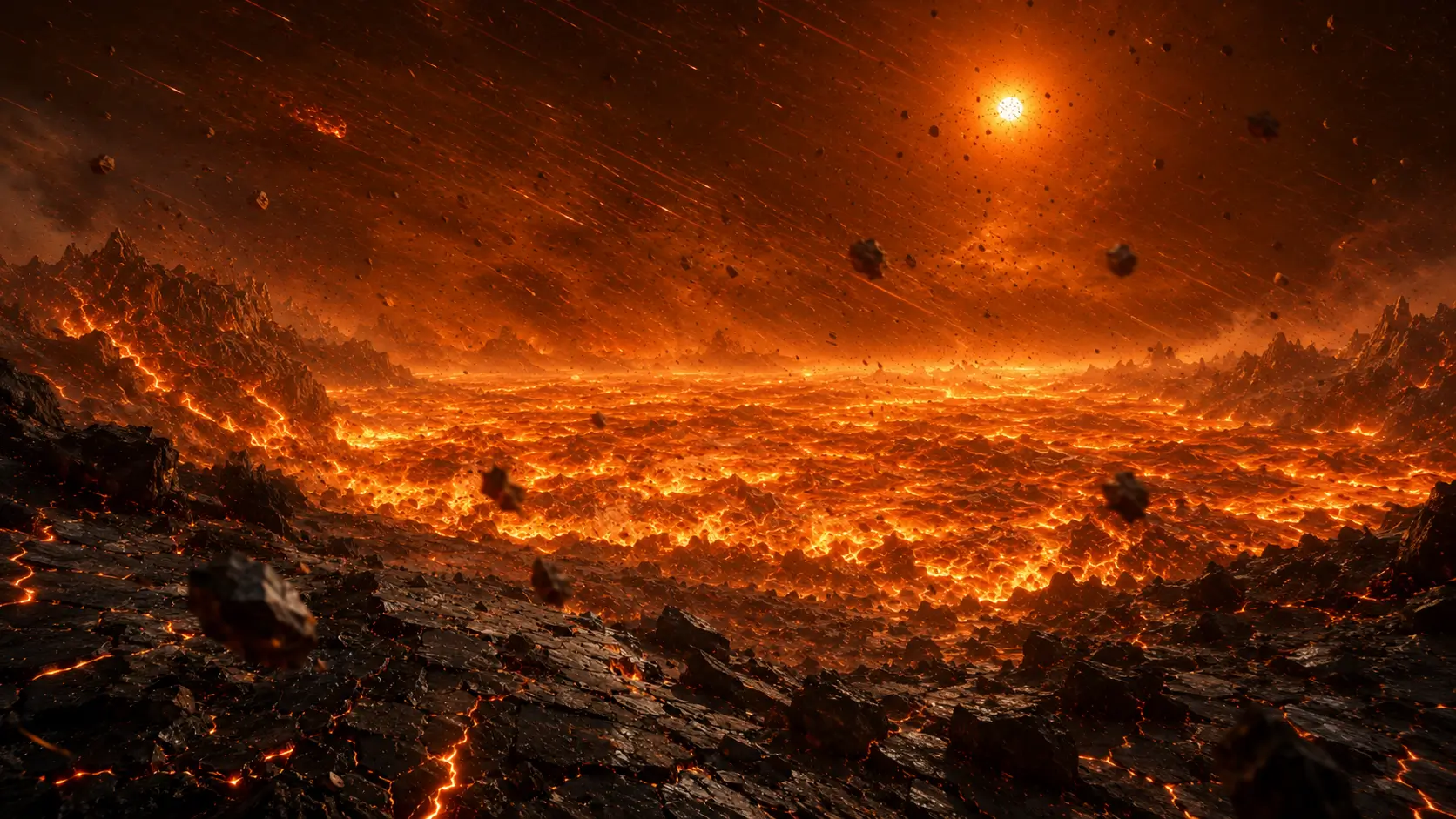 Ilustração do exoplaneta K2-141b, com chuva de pedra, ventos e oceano de lava