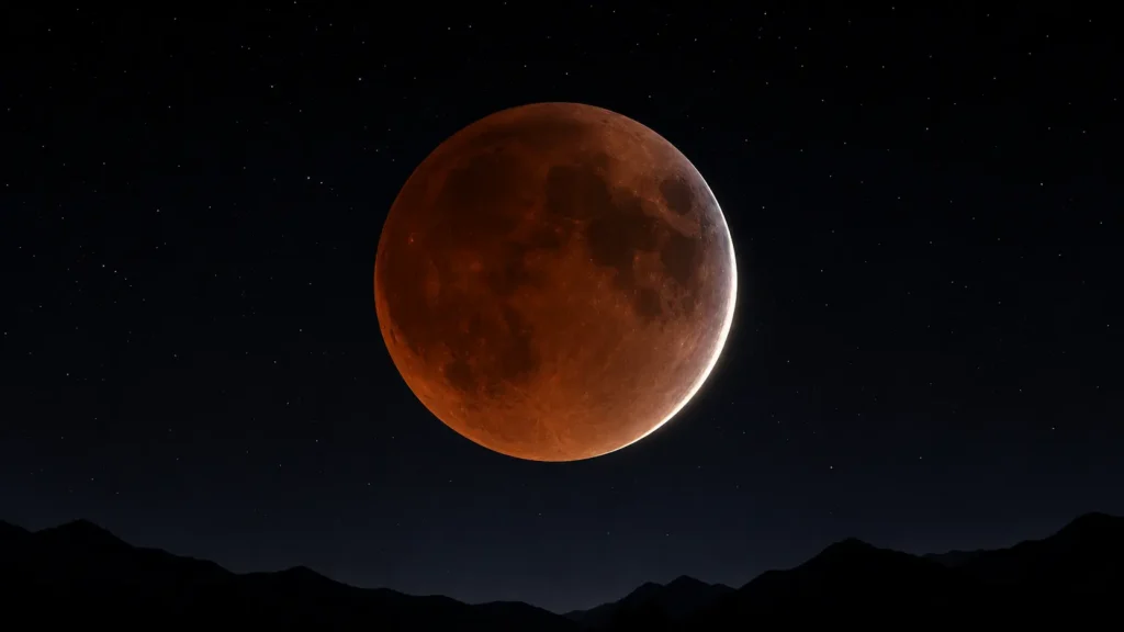 Ilustração de eclipse lunar parcial cobrindo quase toda a Lua no céu noturno