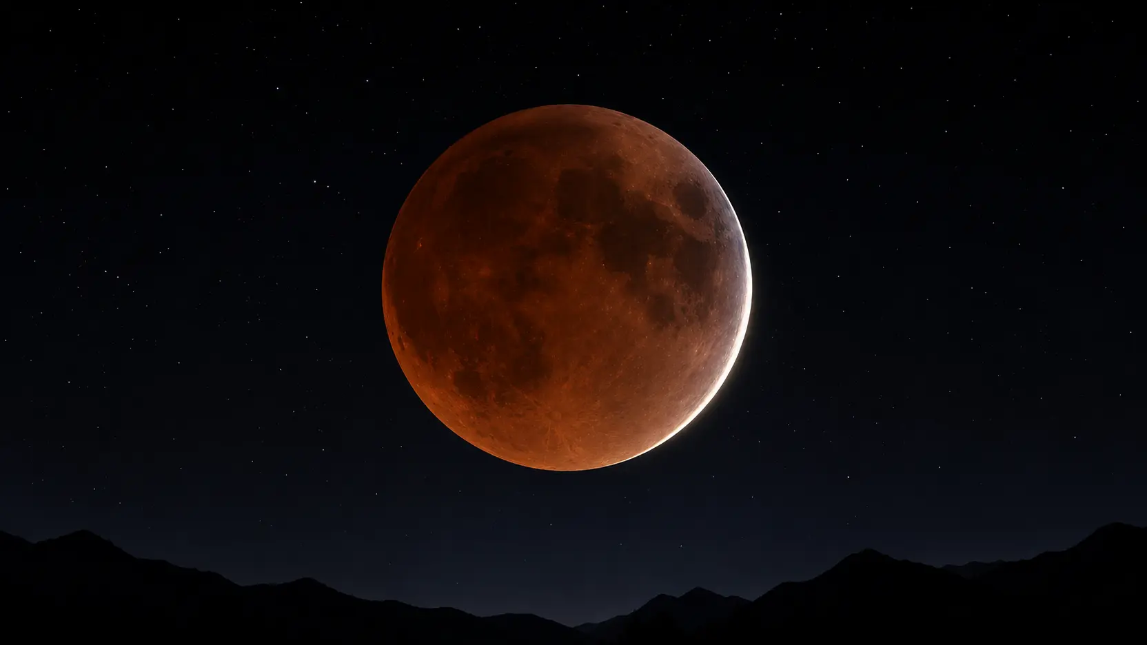 Ilustração de eclipse lunar parcial cobrindo quase toda a Lua no céu noturno