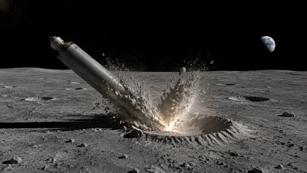 Ilustração de um estágio do Falcon 9 atingindo a superfície da Lua