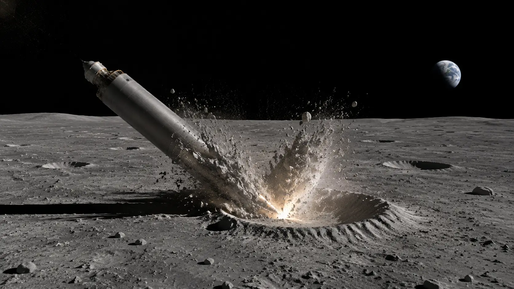 Ilustração de um estágio do Falcon 9 atingindo a superfície da Lua