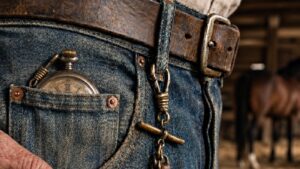 Relógio de bolso guardado no bolsinho da calça jeans, preso por uma corrente
