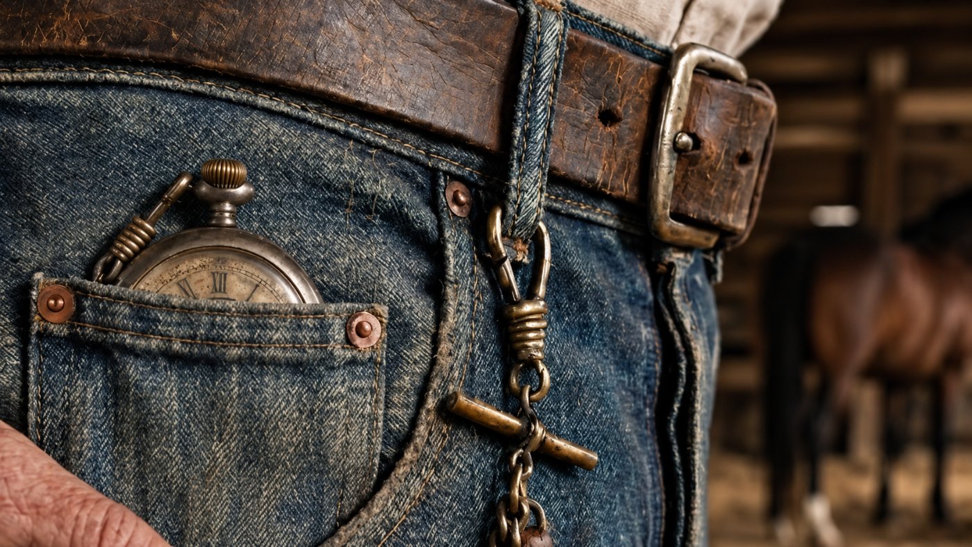 Relógio de bolso guardado no bolsinho da calça jeans, preso por uma corrente
