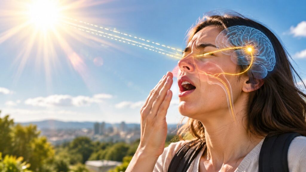 Mulher espirrando na rua num dia claro, ilustrando o espirro ao olhar para o sol