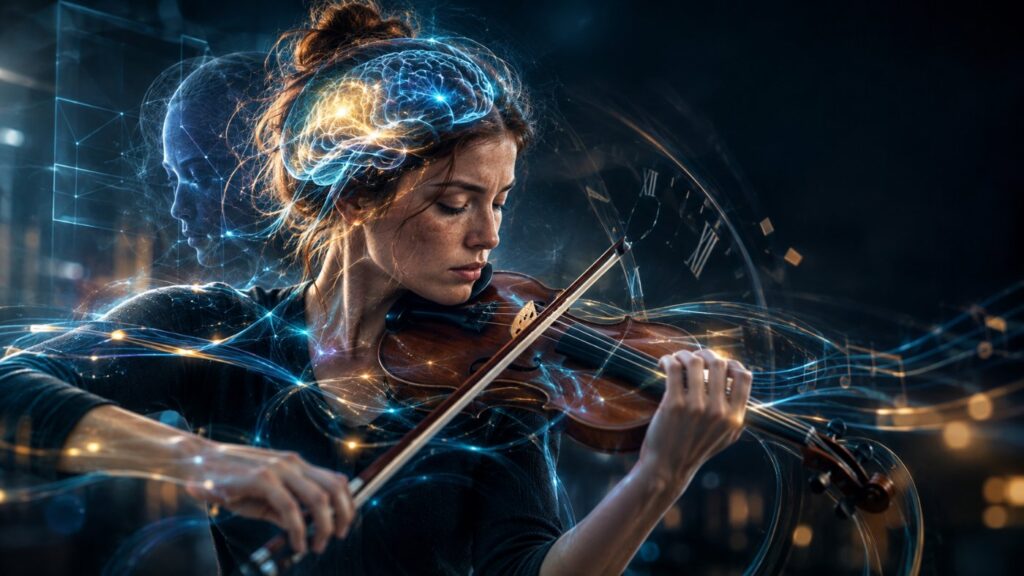 Ilustração de uma mulher tocando violino com o cérebro iluminado, representando o estado de flow